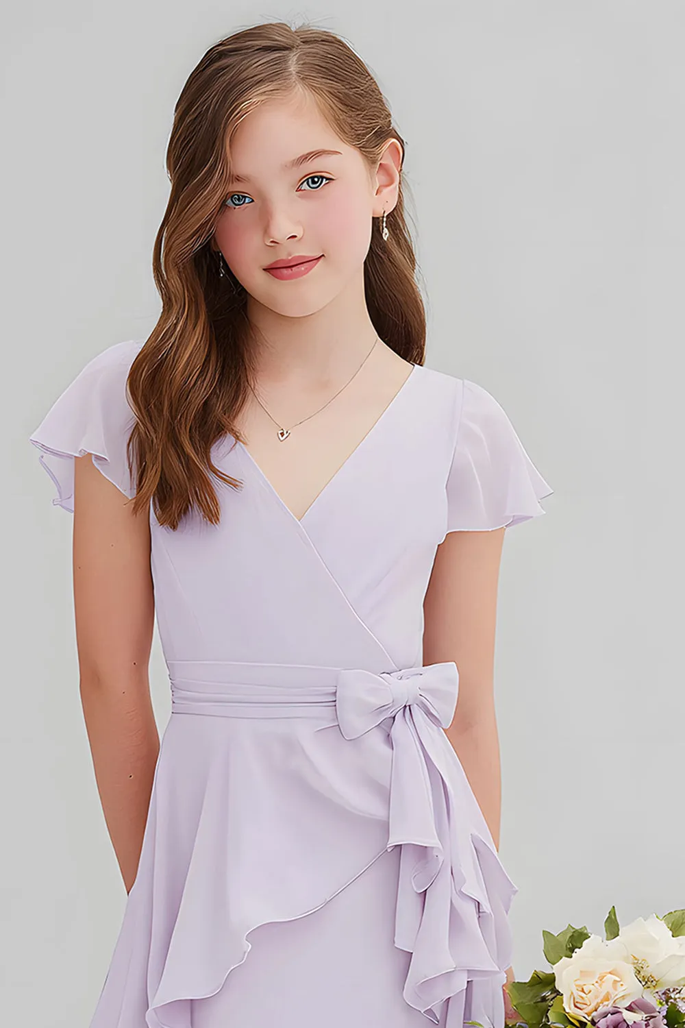 Purple Chiffon V-Neck A-Line Short Junior Bridesmaid Dress with Ruffles sold by Zapaka product image thumbnail 3