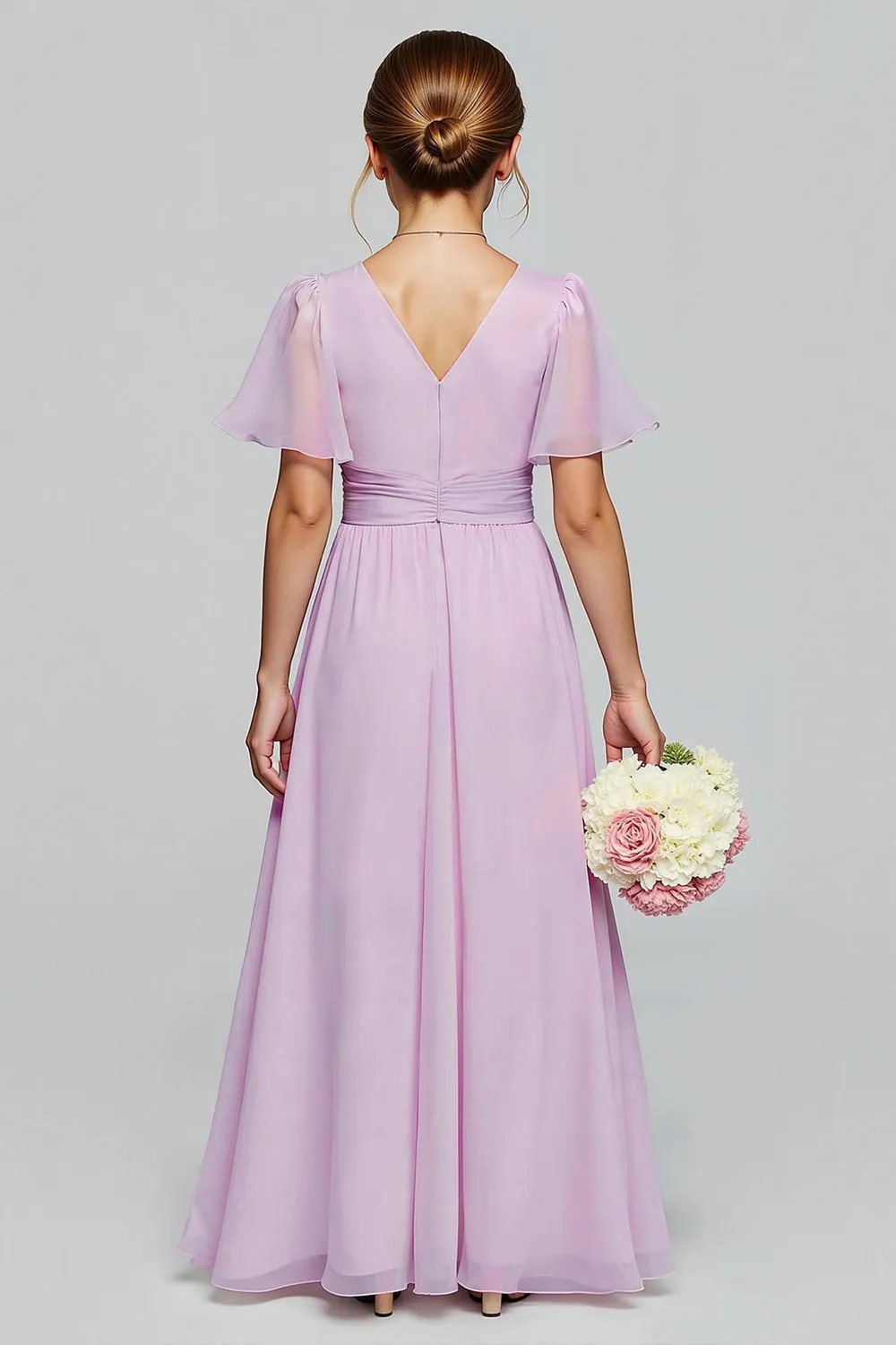 Purple Chiffon V-Neck A-Line Long Junior Bridesmaid Dress with Short Sleeves sold by Zapaka product image thumbnail 2