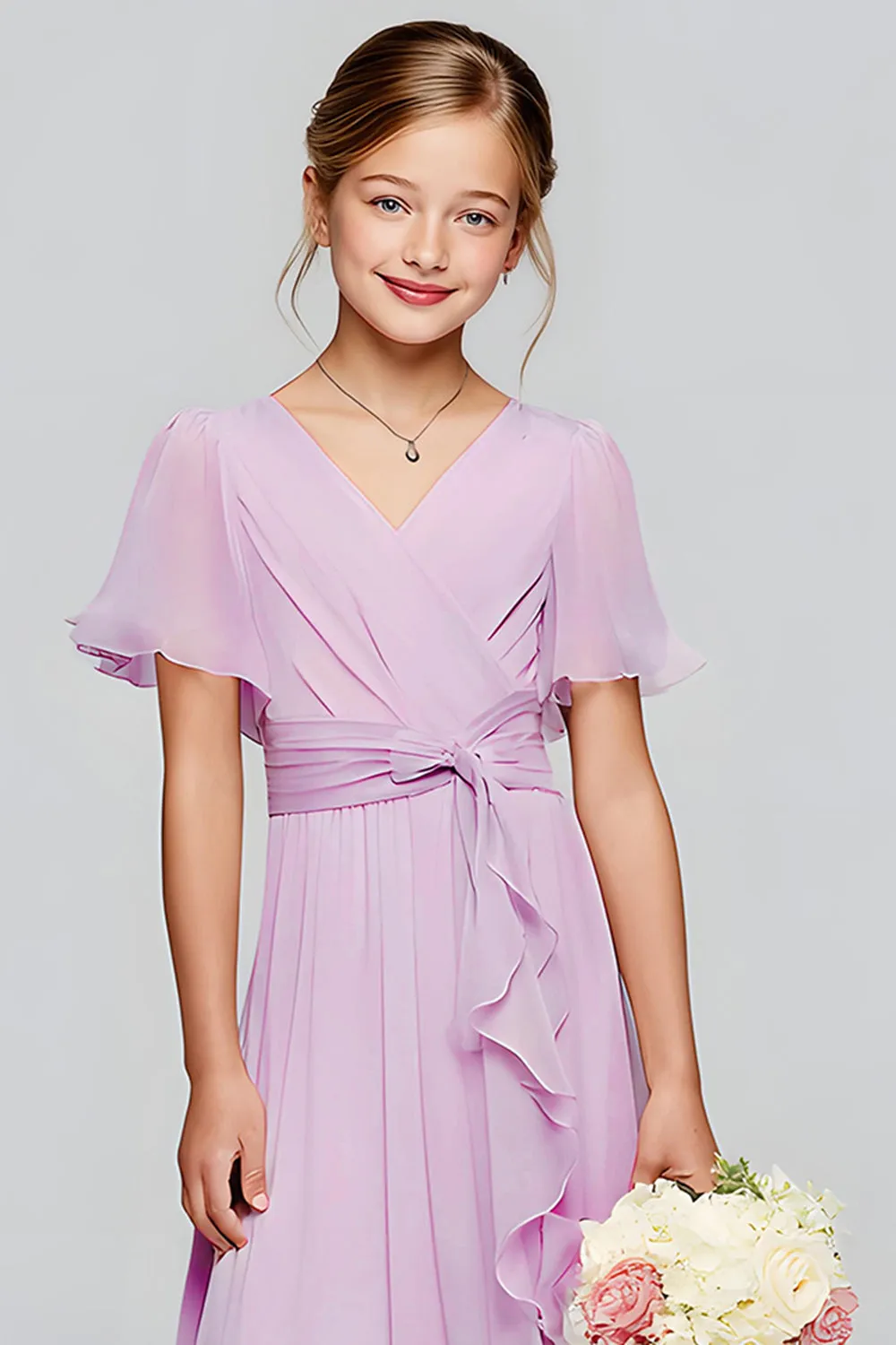 Purple Chiffon V-Neck A-Line Long Junior Bridesmaid Dress with Short Sleeves sold by Zapaka product image thumbnail 3