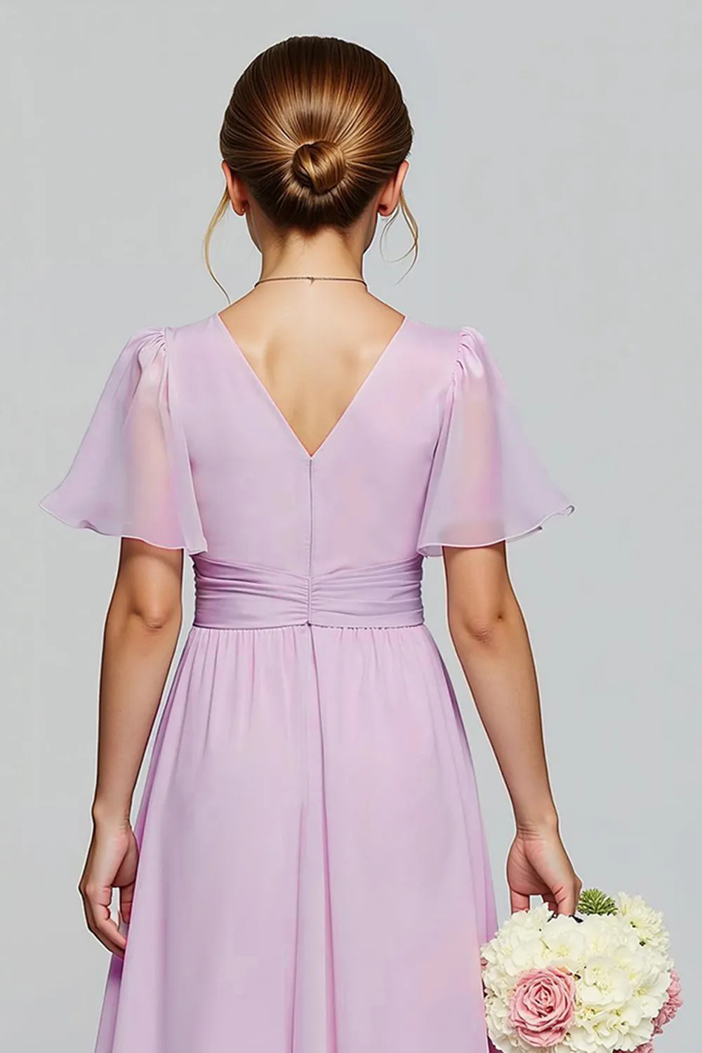 Purple Chiffon V-Neck A-Line Long Junior Bridesmaid Dress with Short Sleeves sold by Zapaka product image thumbnail 4
