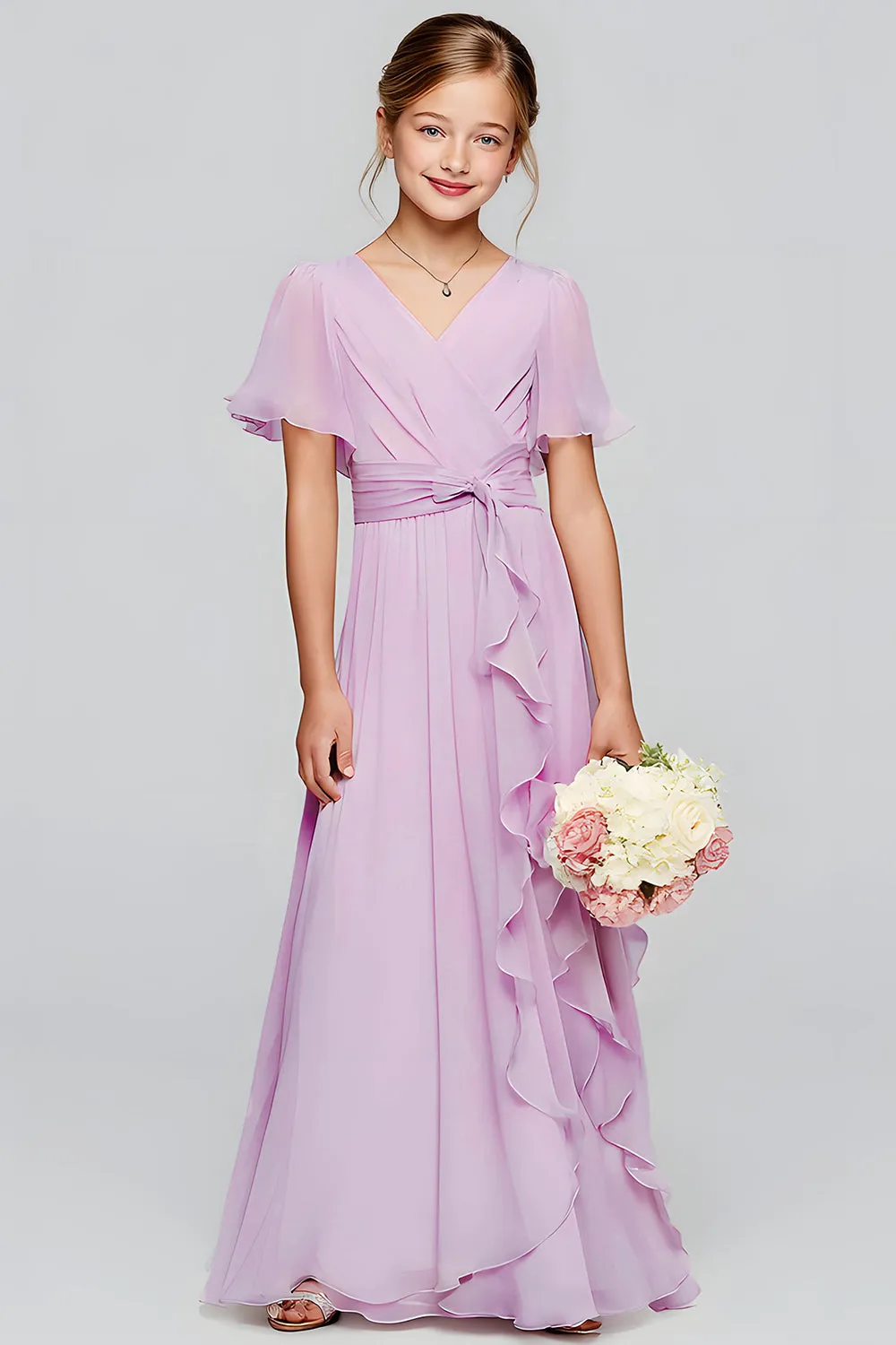 Purple Chiffon V-Neck A-Line Long Junior Bridesmaid Dress with Short Sleeves sold by Zapaka