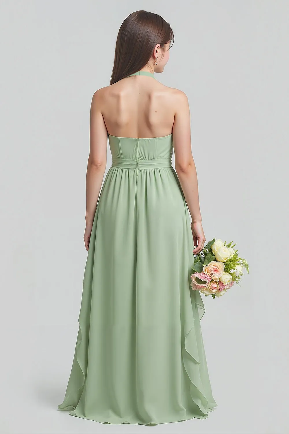 Sage Green Chiffon Halter A-Line Long Junior Bridesmaid Dress sold by Zapaka product image thumbnail 2