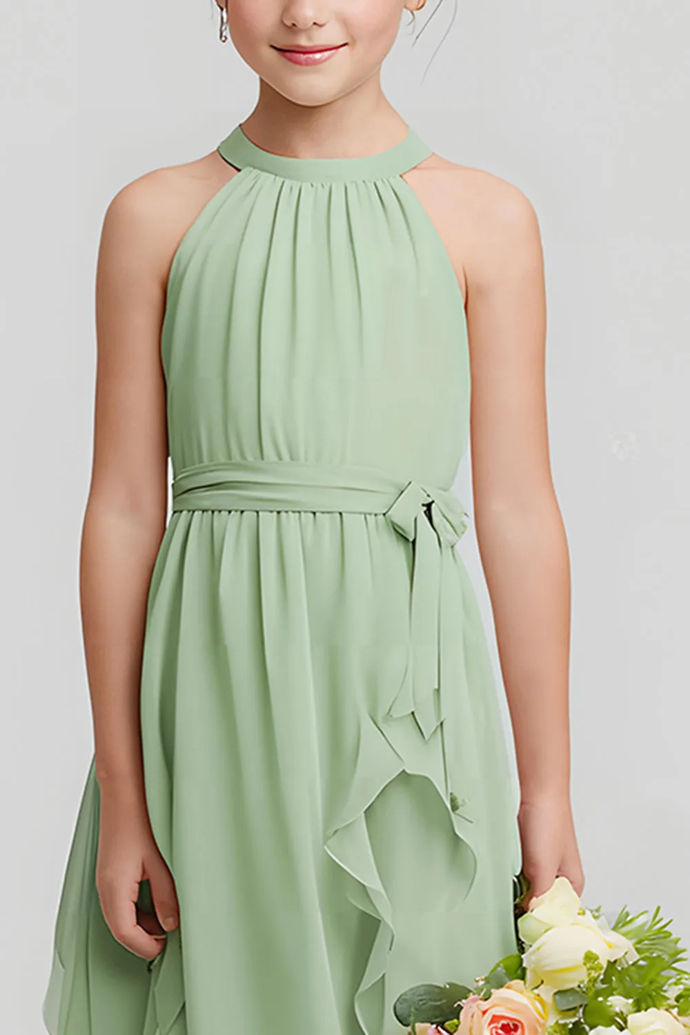 Sage Green Chiffon Halter A-Line Long Junior Bridesmaid Dress sold by Zapaka product image thumbnail 3
