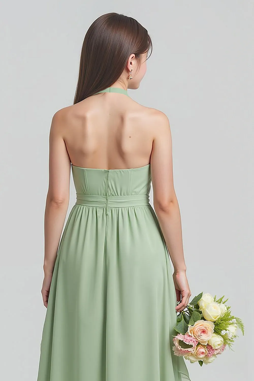 Sage Green Chiffon Halter A-Line Long Junior Bridesmaid Dress sold by Zapaka product image thumbnail 4