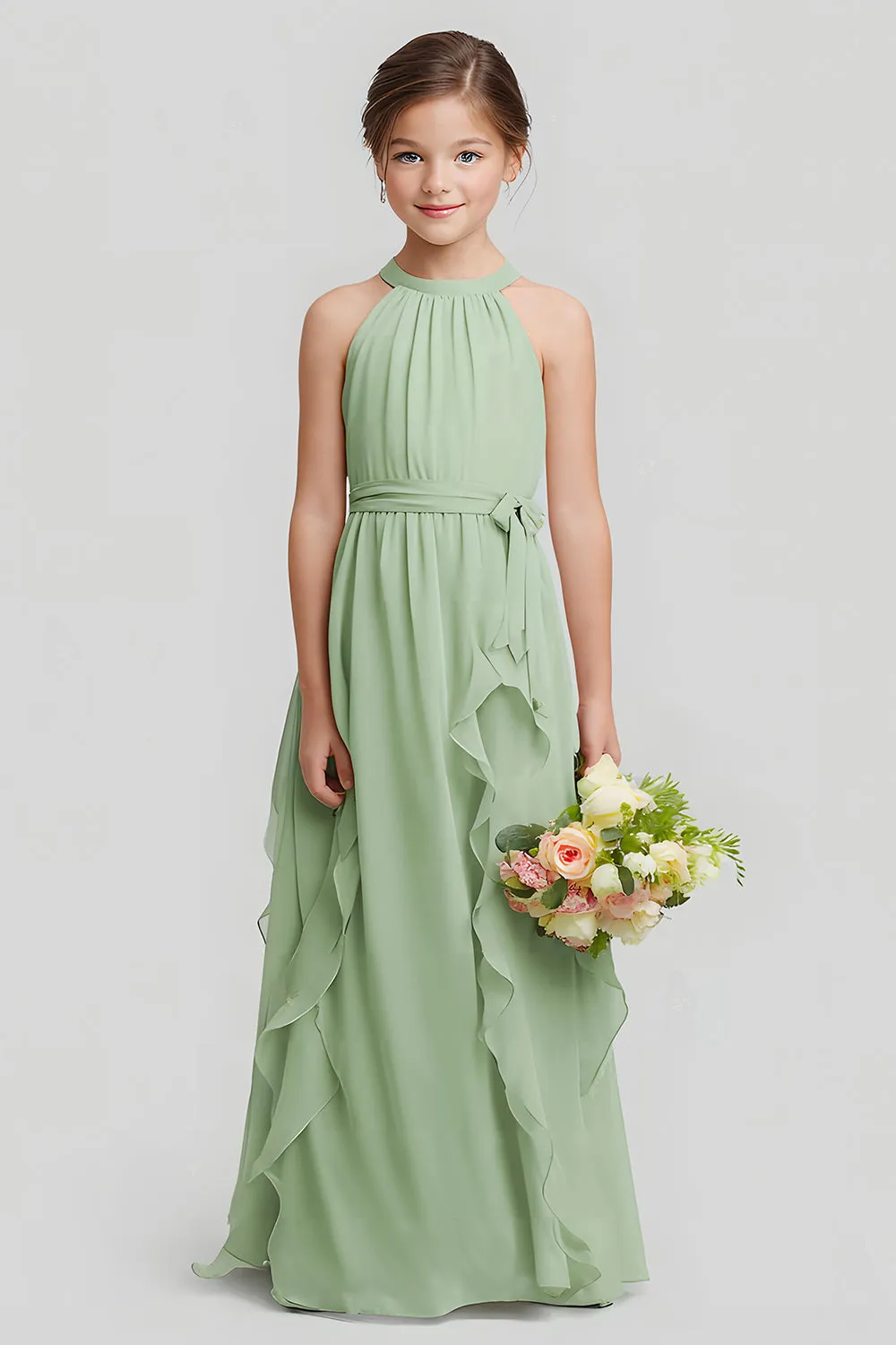 Sage Green Chiffon Halter A-Line Long Junior Bridesmaid Dress sold by Zapaka