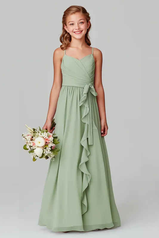 Sage Green Spaghetti Straps A-Line Chiffon Long Junior Bridesmaid Dress sold by Zapaka
