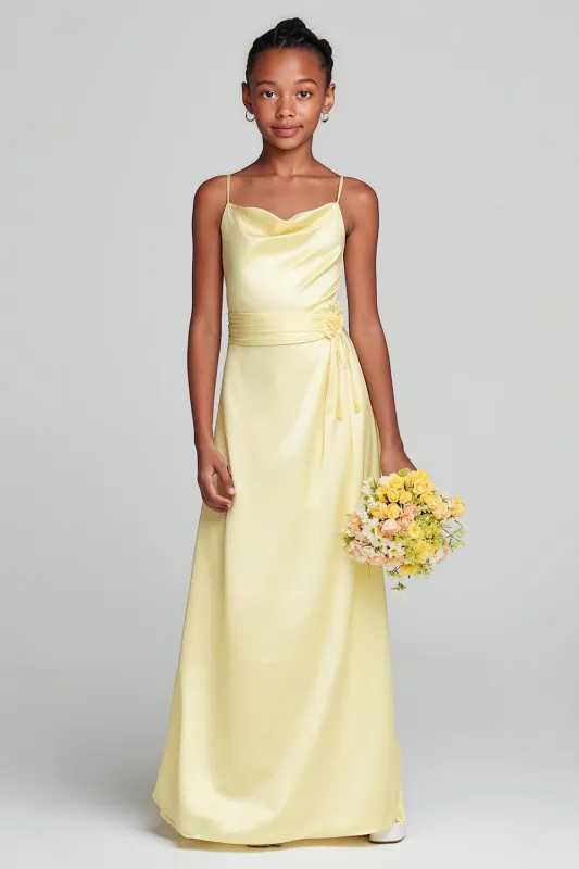 Daffodil Satin Spaghetti Straps Long Junior Bridesmaid Dress sold by Zapaka