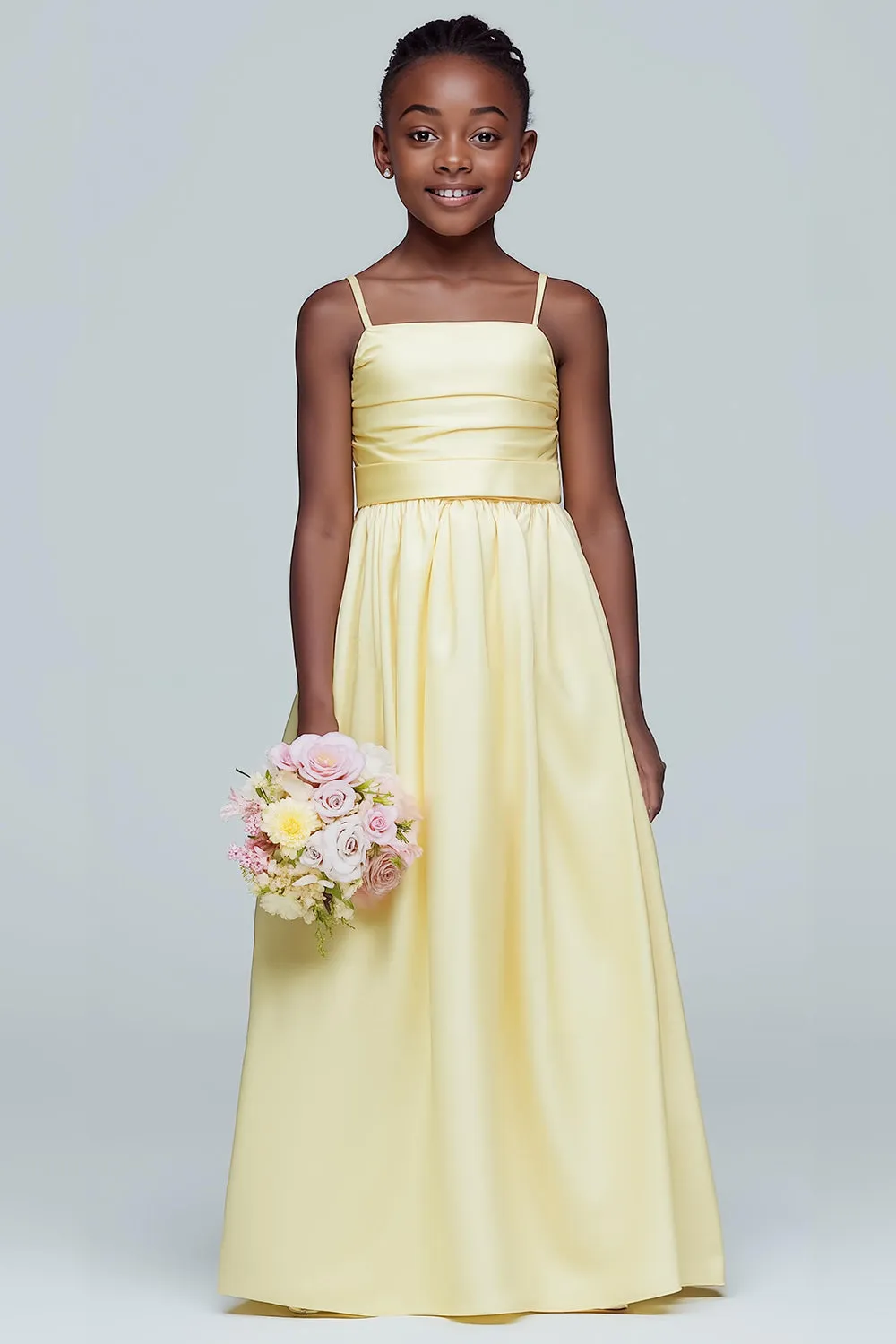 Daffodil A Line Satin Ruched Long Junior Bridesmaid Dress sold by Zapaka