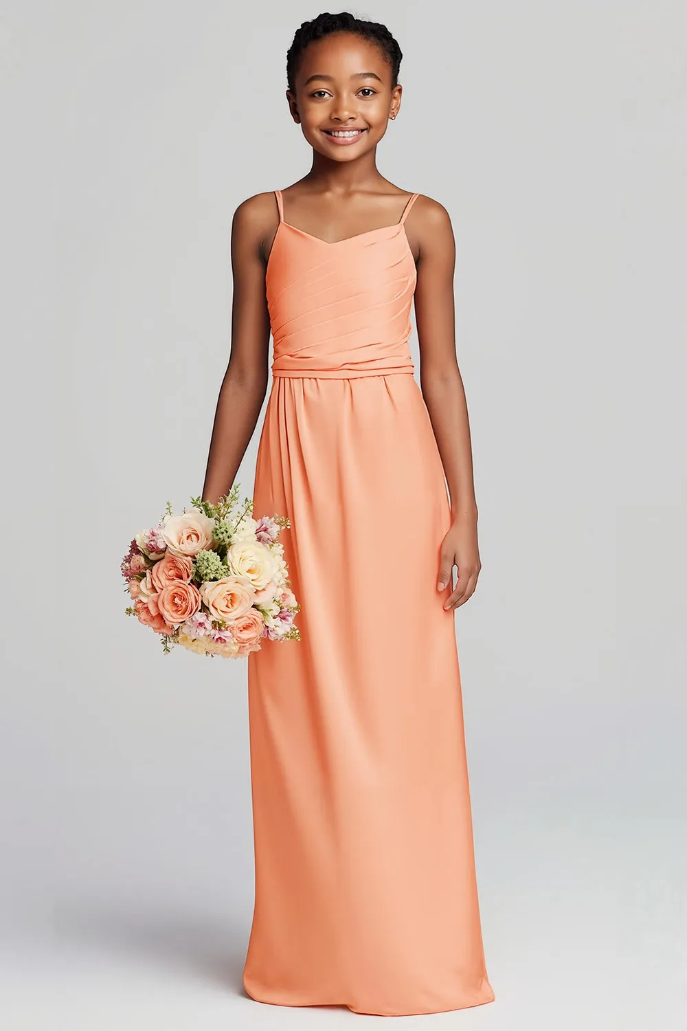 Sunset Satin Spaghetti Straps Backless Long Junior Bridesmaid Dress sold by Zapaka