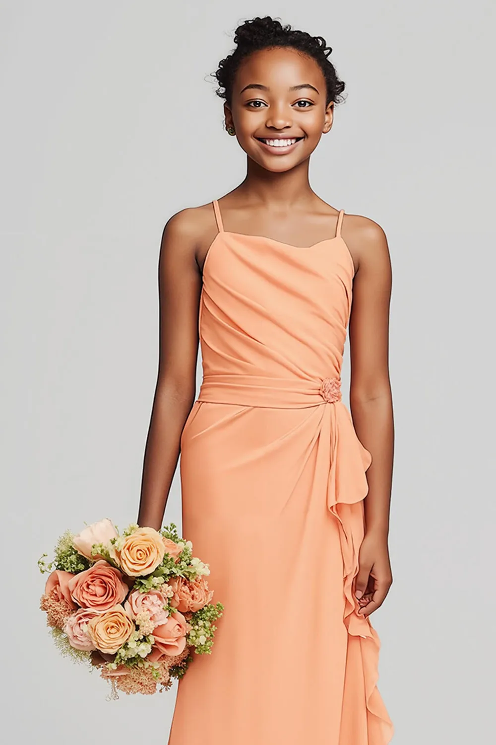 Sunset Sheath Chiffon Ruched Long Junior Bridesmaid Dress with Ruffles sold by Zapaka product image thumbnail 3