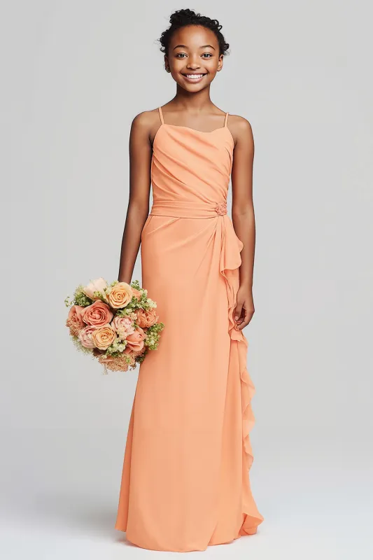 Sunset Sheath Chiffon Ruched Long Junior Bridesmaid Dress with Ruffles sold by Zapaka