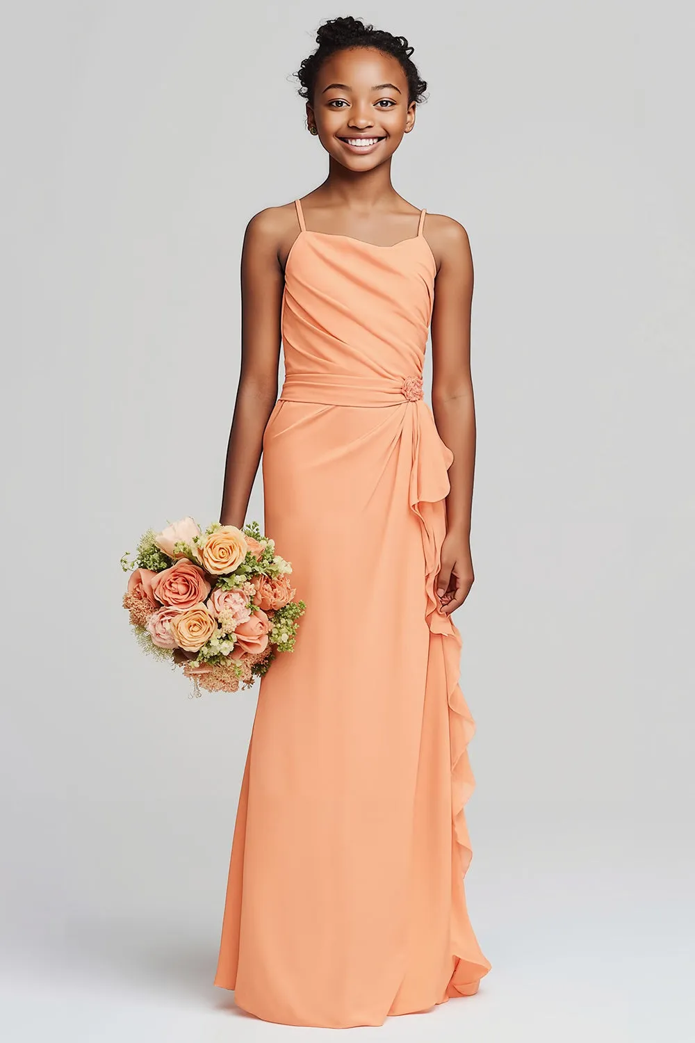 Sunset Sheath Chiffon Ruched Long Junior Bridesmaid Dress with Ruffles sold by Zapaka