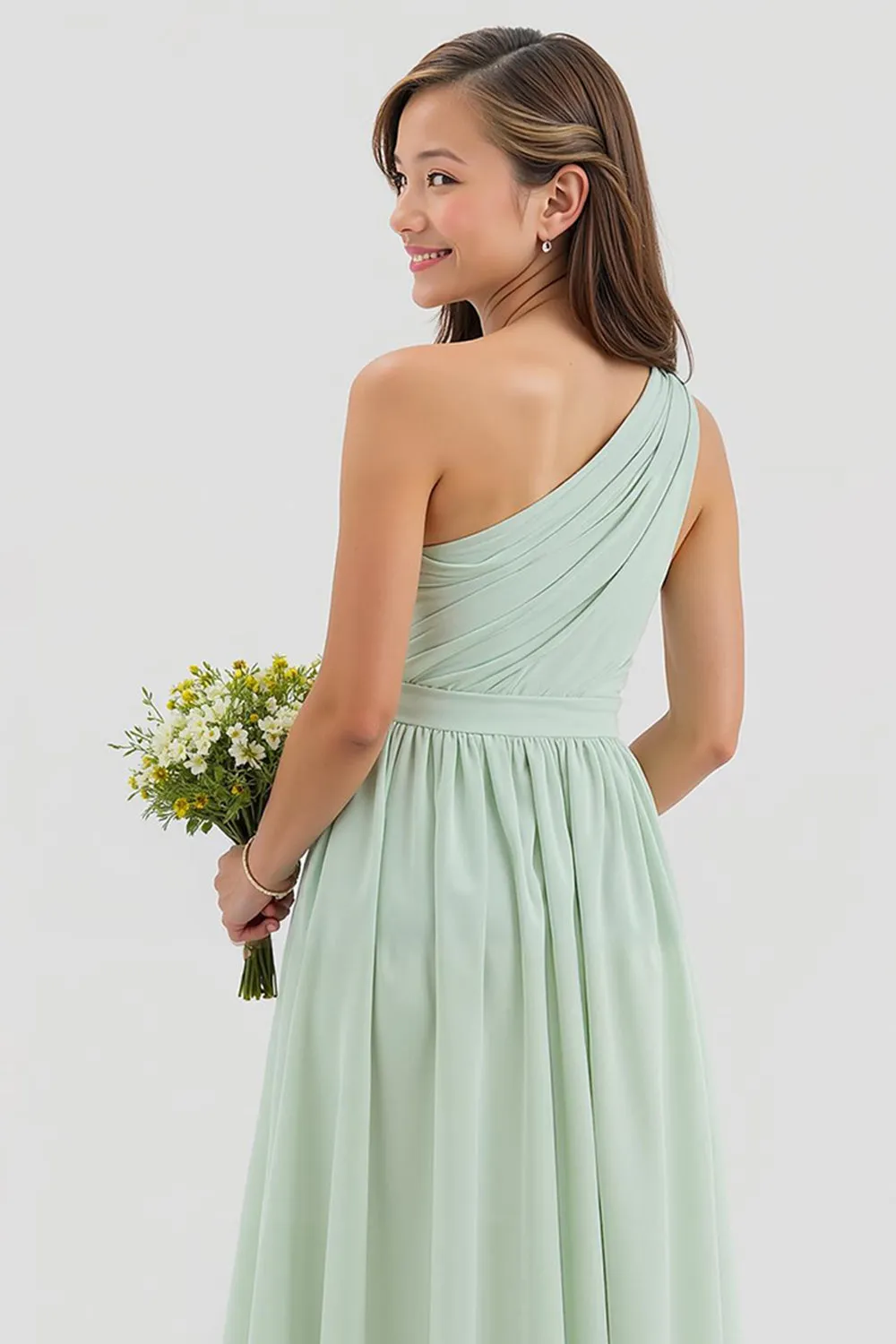 Sage Green One Shoulder A Line Chiffon Long Junior Bridesmaid Dress sold by Zapaka product image thumbnail 4