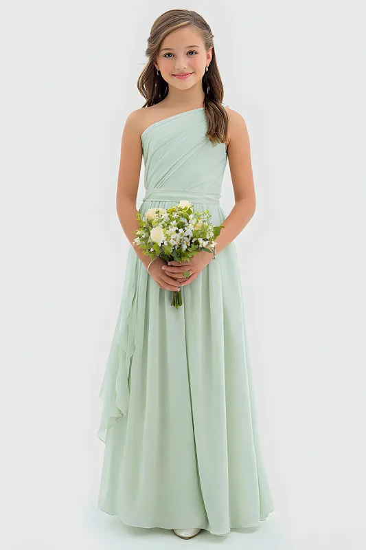 Sage Green One Shoulder A Line Chiffon Long Junior Bridesmaid Dress sold by Zapaka