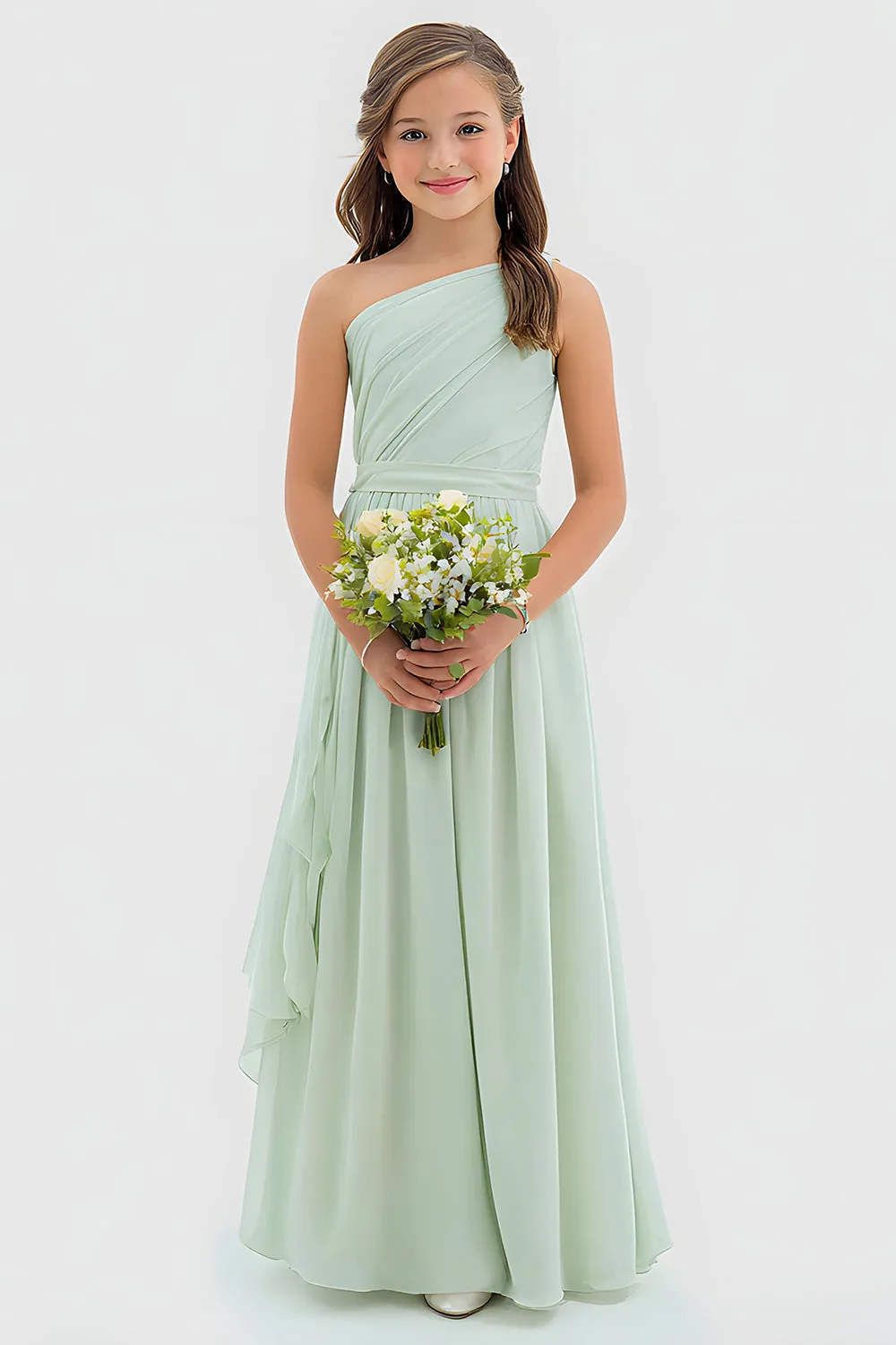 Sage Green One Shoulder A Line Chiffon Long Junior Bridesmaid Dress sold by Zapaka