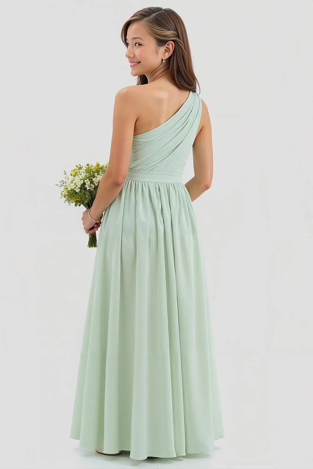 Sage Green One Shoulder A Line Chiffon Long Junior Bridesmaid Dress sold by Zapaka product image thumbnail 2