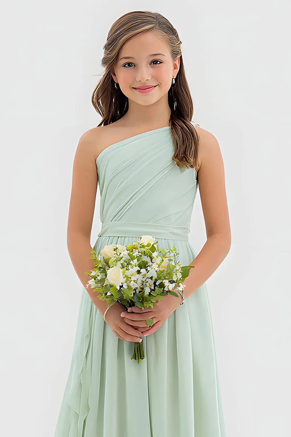 Sage Green One Shoulder A Line Chiffon Long Junior Bridesmaid Dress sold by Zapaka product image thumbnail 3