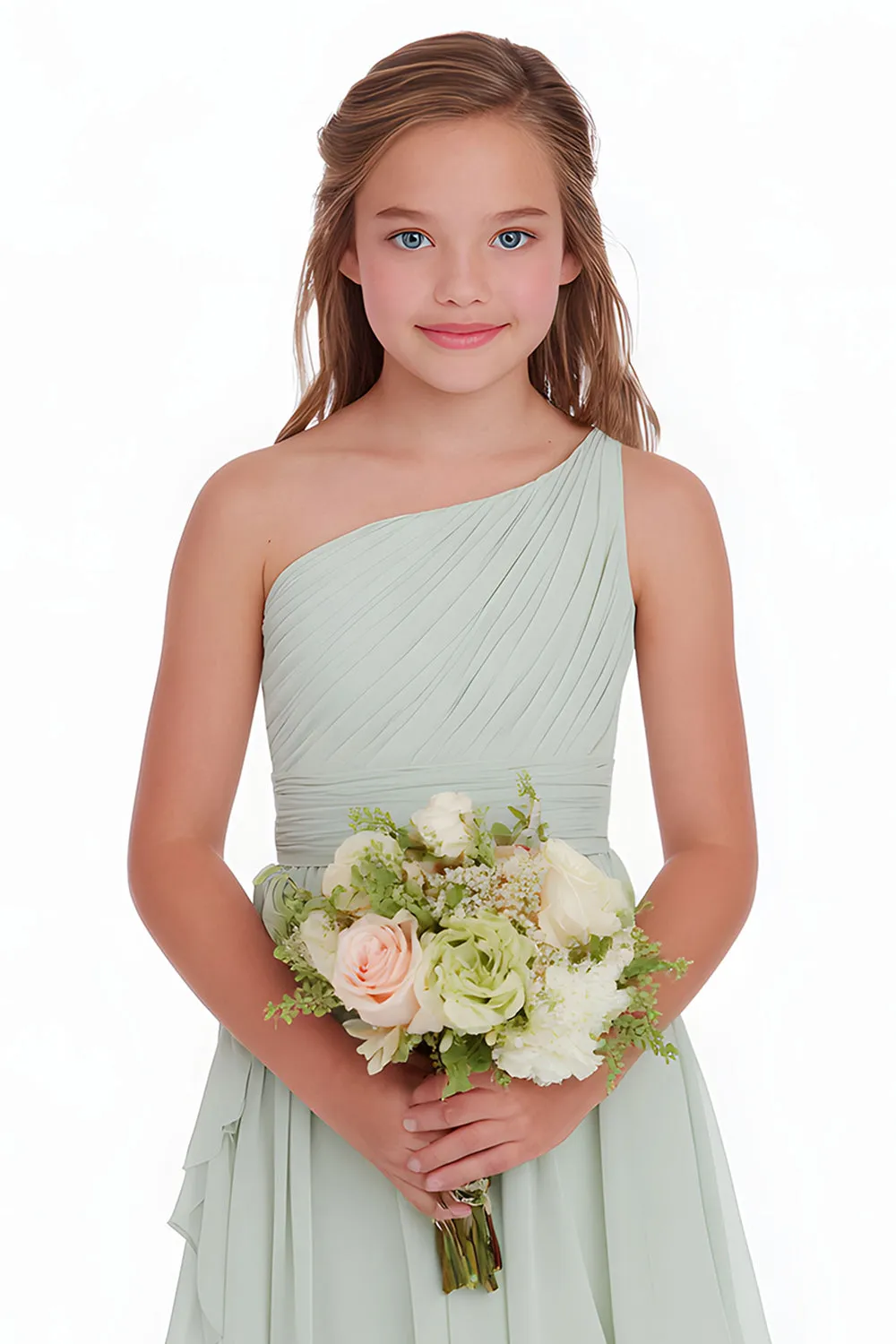 Sage Green A Line Chiffon One Shoulder Short Junior Bridesmaid Dress sold by Zapaka product image thumbnail 3