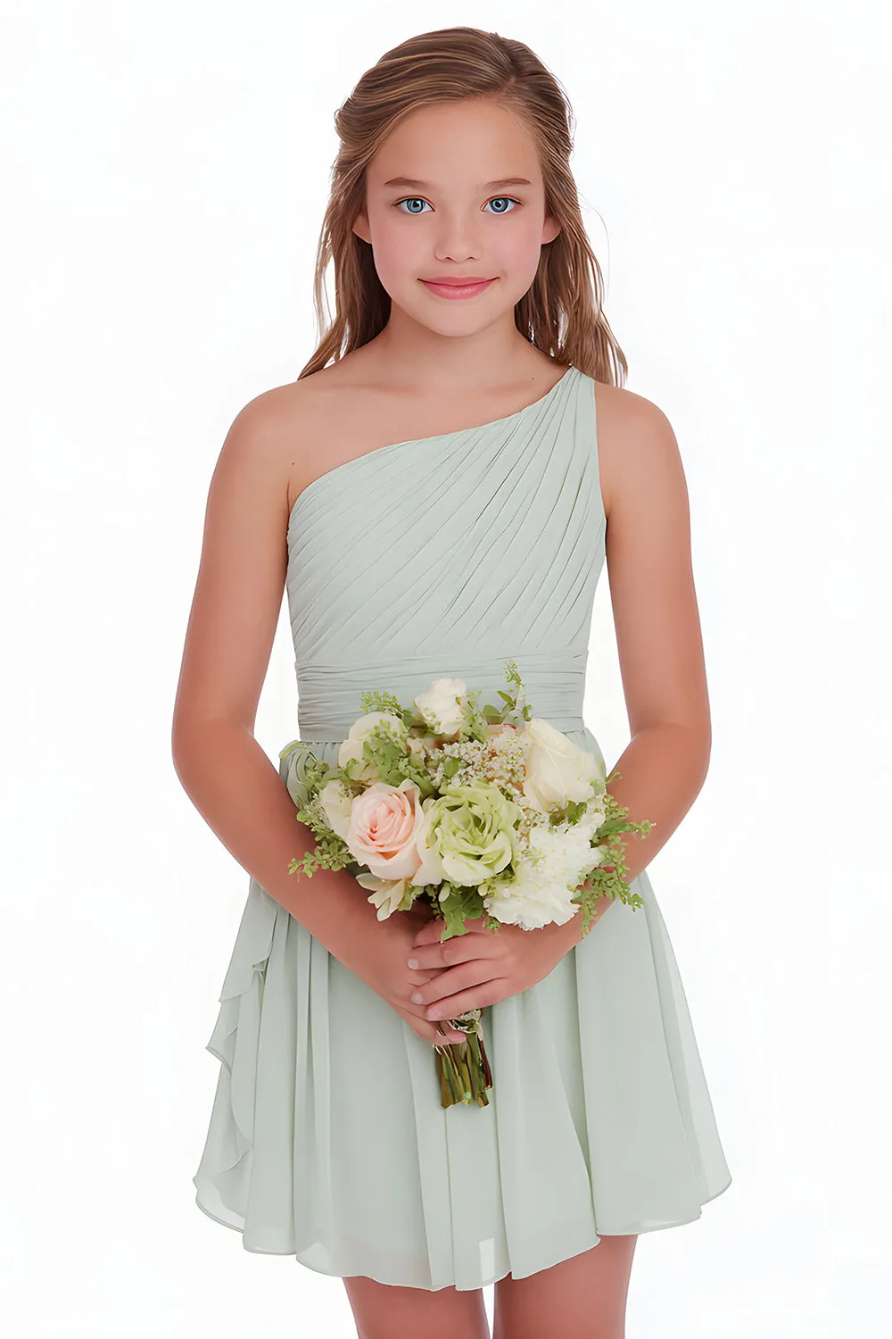 Sage Green A Line Chiffon One Shoulder Short Junior Bridesmaid Dress sold by Zapaka