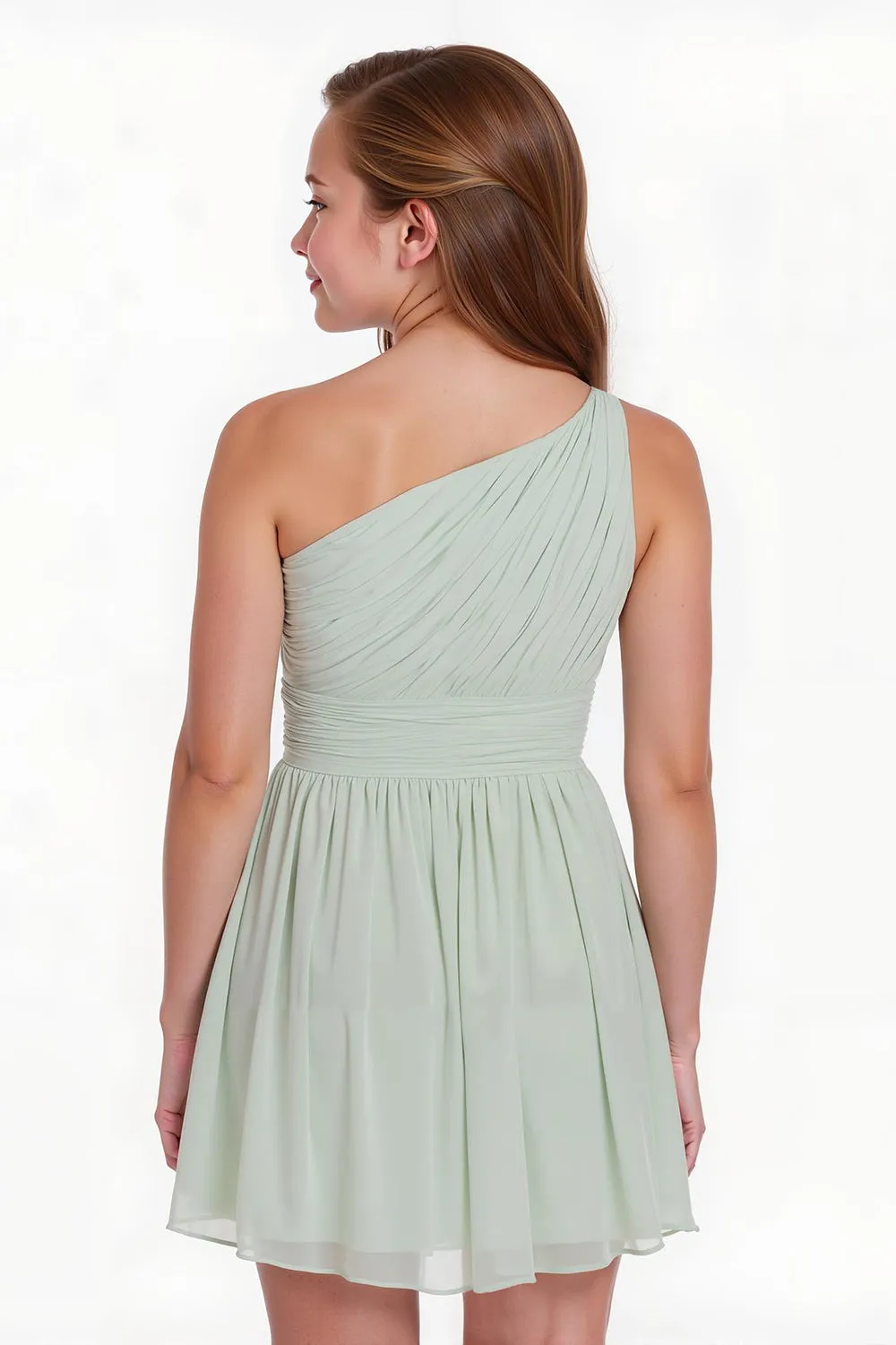 Sage Green A Line Chiffon One Shoulder Short Junior Bridesmaid Dress sold by Zapaka product image thumbnail 2