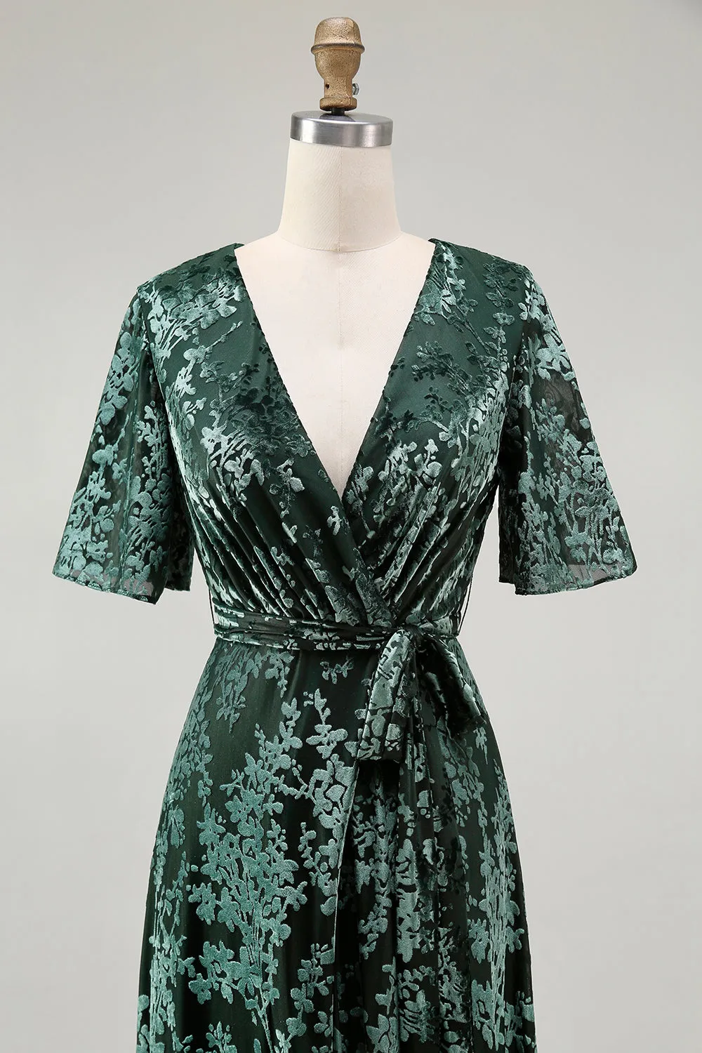 Pine A Line V Neck Burnout Velvet Long Prom Dress with Short Sleeves sold by Zapaka product image thumbnail 4