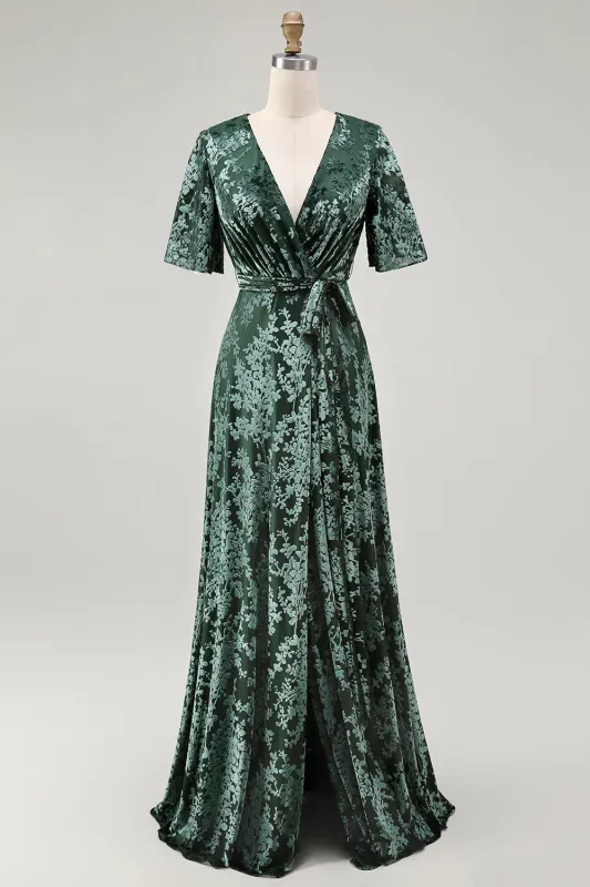 Pine A Line V Neck Burnout Velvet Long Prom Dress with Short Sleeves sold by Zapaka