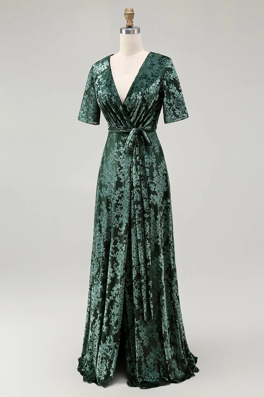 Pine A Line V Neck Burnout Velvet Long Prom Dress with Short Sleeves sold by Zapaka product image thumbnail 3
