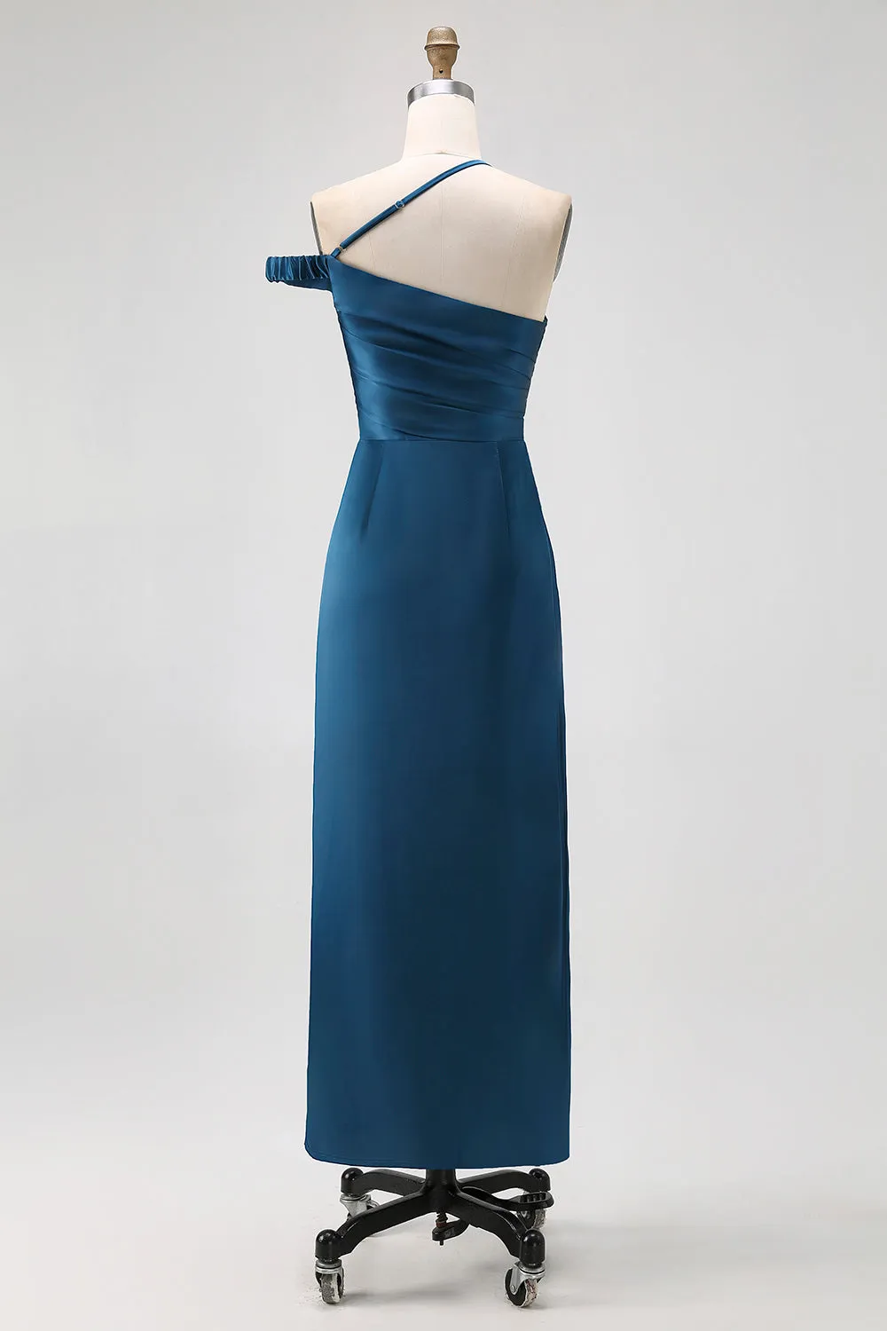 Ink Blue Sheath One Shoulder Satin Long Bridesmaid Dress sold by Zapaka product image thumbnail 2