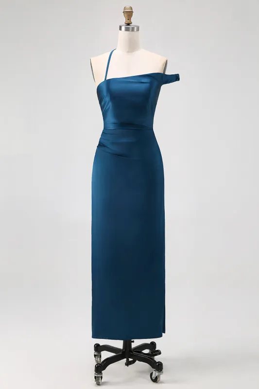 Ink Blue Sheath One Shoulder Satin Long Bridesmaid Dress sold by Zapaka