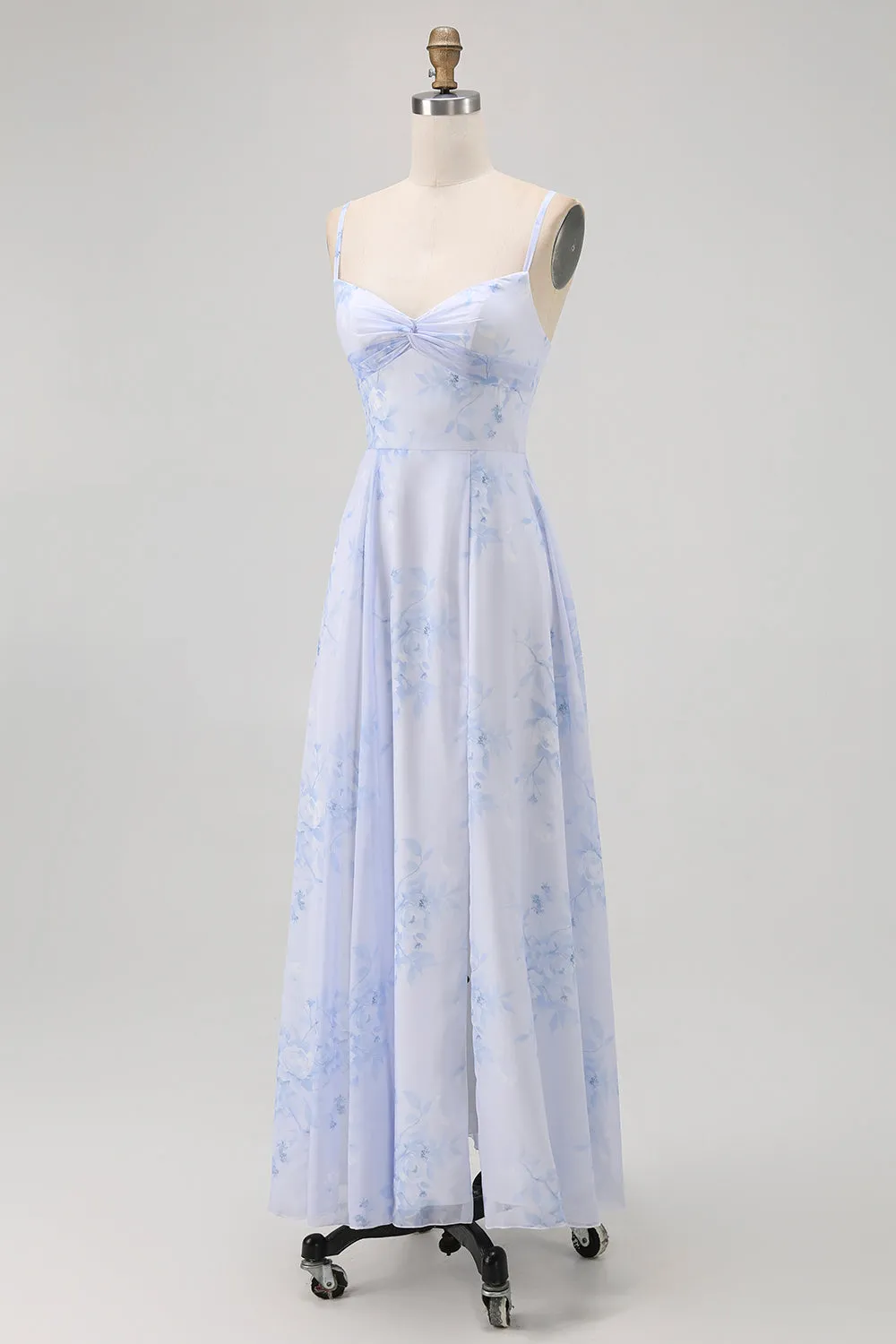 Blue Floral Spaghetti Straps Chiffon A Line Bridesmaid Dress sold by Zapaka product image thumbnail 3