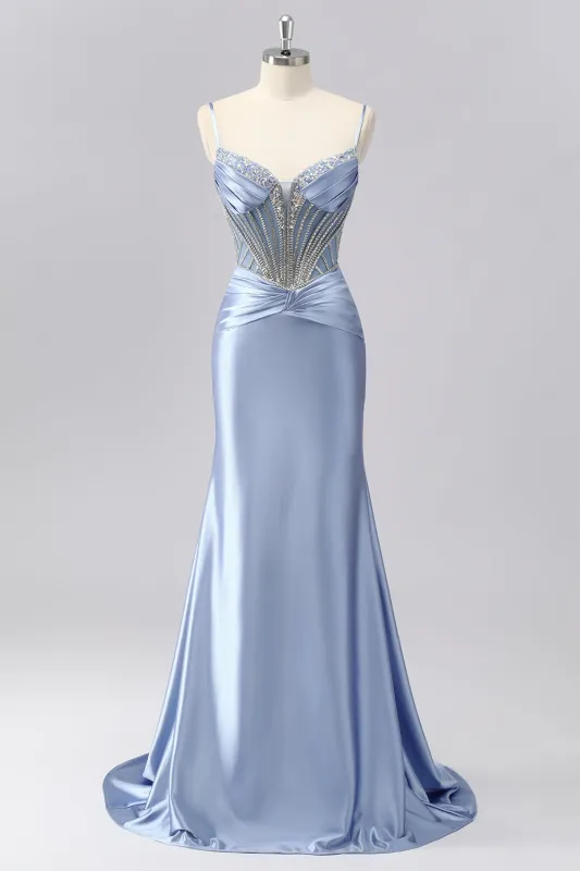 Sparkly Grey Blue Spaghetti Straps Mermaid Satin Prom Dress with Rhinestones sold by Zapaka
