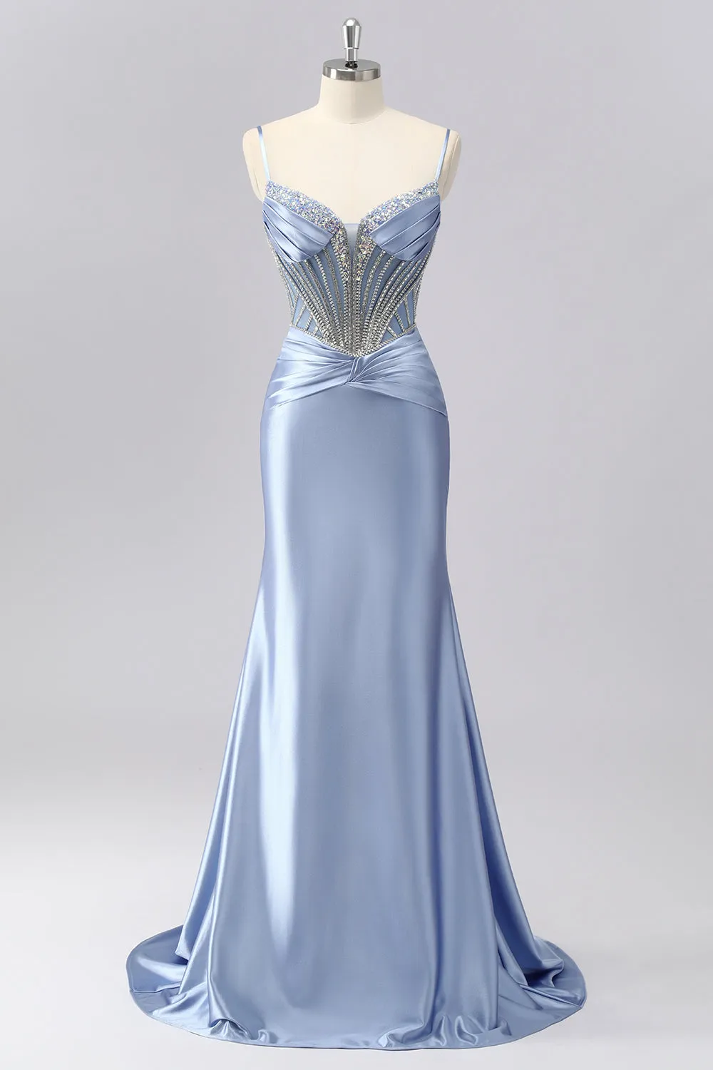 Sparkly Dark Green Spaghetti Straps Mermaid Satin Prom Dress with Rhinestones sold by Zapaka