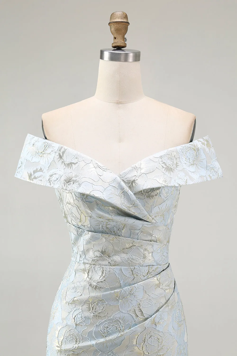 Off The Shoulder Blue Floral Jacquard Mermaid Ruched Prom Dress sold by Zapaka product image thumbnail 4