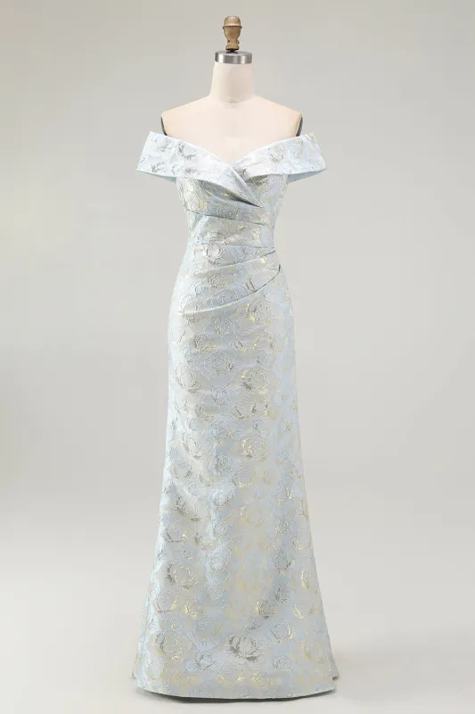 Off The Shoulder Blue Floral Jacquard Mermaid Ruched Prom Dress sold by Zapaka