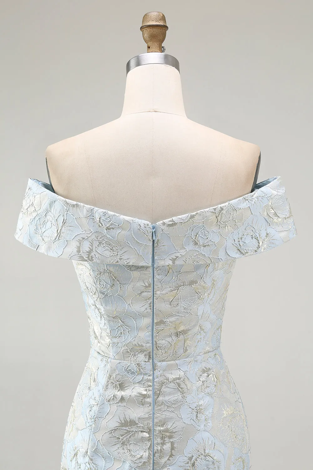 Off The Shoulder Blue Floral Jacquard Mermaid Ruched Prom Dress sold by Zapaka product image thumbnail 5