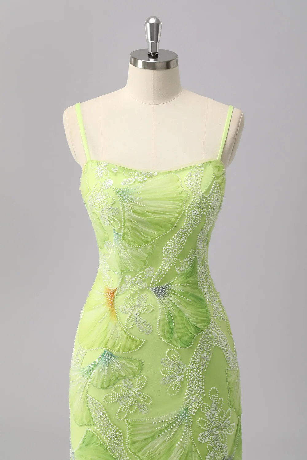 Green Sheath Sequins Spaghetti Straps Beaded Prom Dress with Slit sold by Zapaka product image thumbnail 4