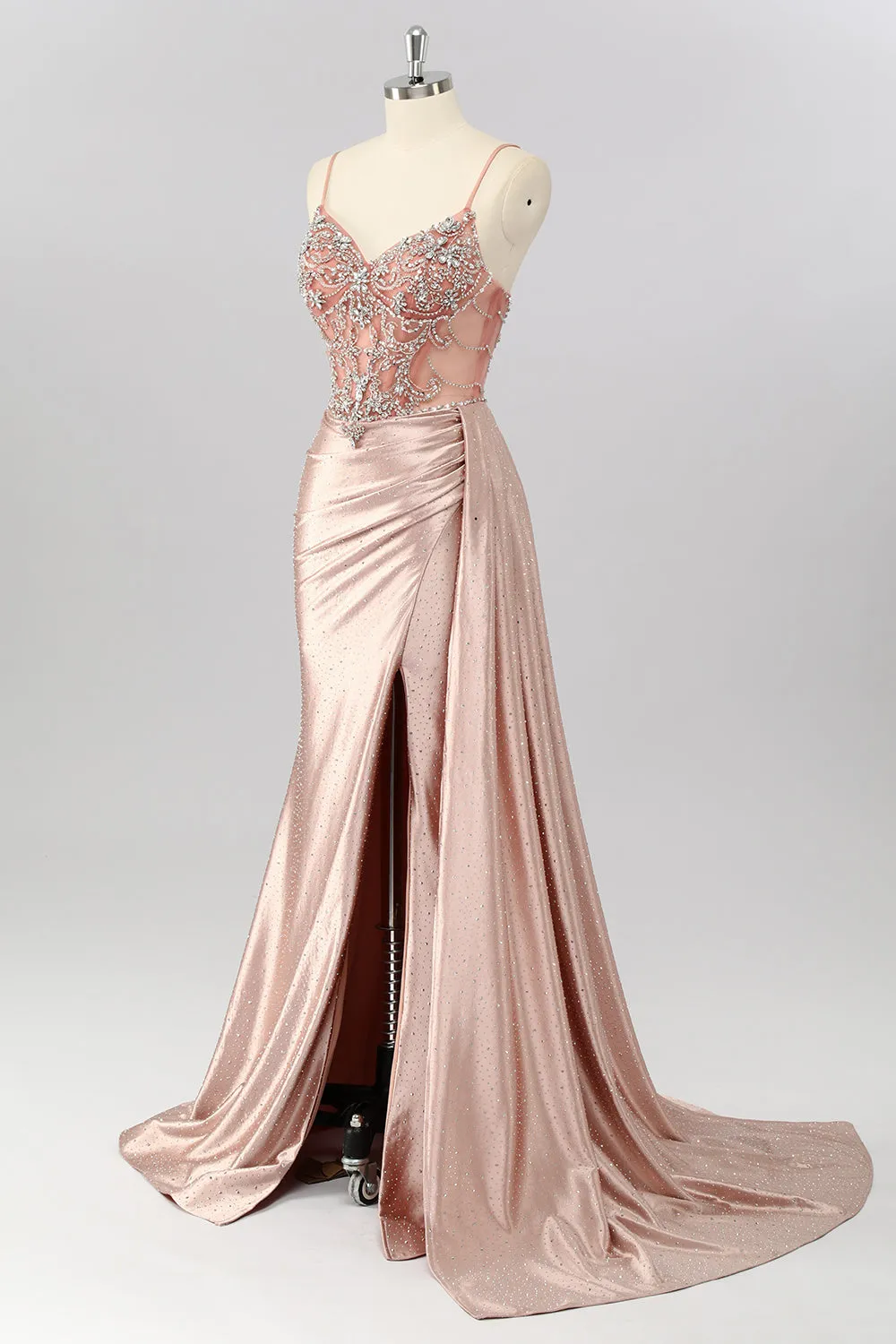 Blush Mermaid Spaghetti Straps Beaded Prom Dress with Side Streamer sold by Zapaka product image thumbnail 3