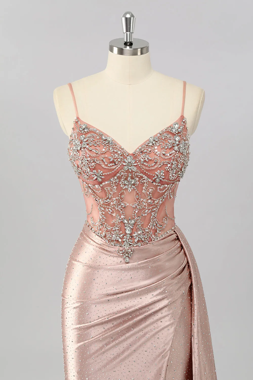 Blush Mermaid Spaghetti Straps Beaded Prom Dress with Side Streamer sold by Zapaka product image thumbnail 4