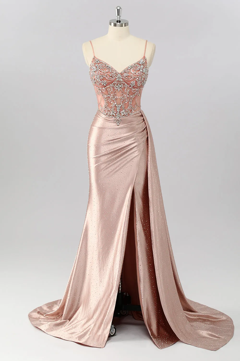 Blush Mermaid Spaghetti Straps Beaded Prom Dress with Side Streamer sold by Zapaka