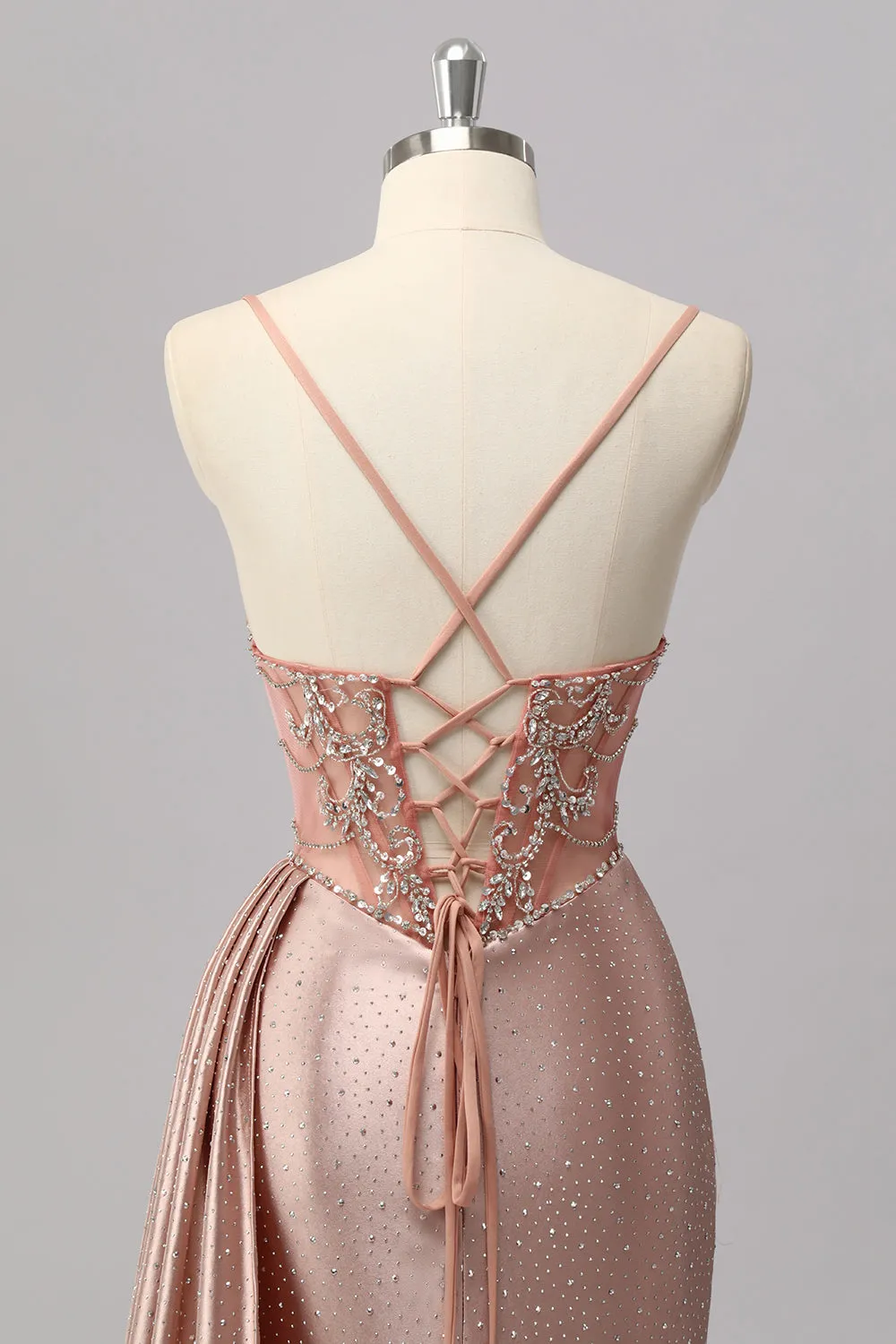 Blush Mermaid Spaghetti Straps Beaded Prom Dress with Side Streamer sold by Zapaka product image thumbnail 5