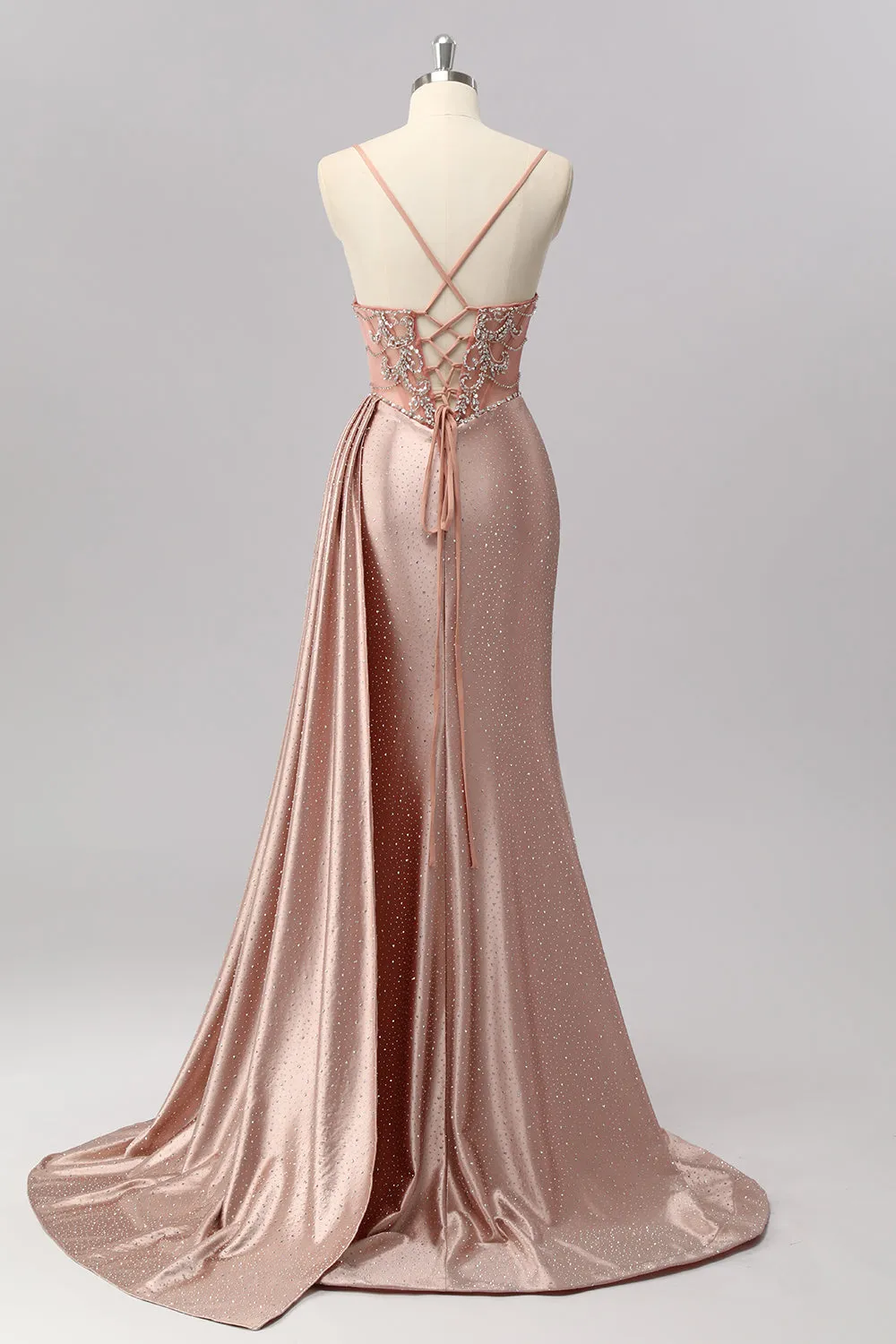 Blush Mermaid Spaghetti Straps Beaded Prom Dress with Side Streamer sold by Zapaka product image thumbnail 2