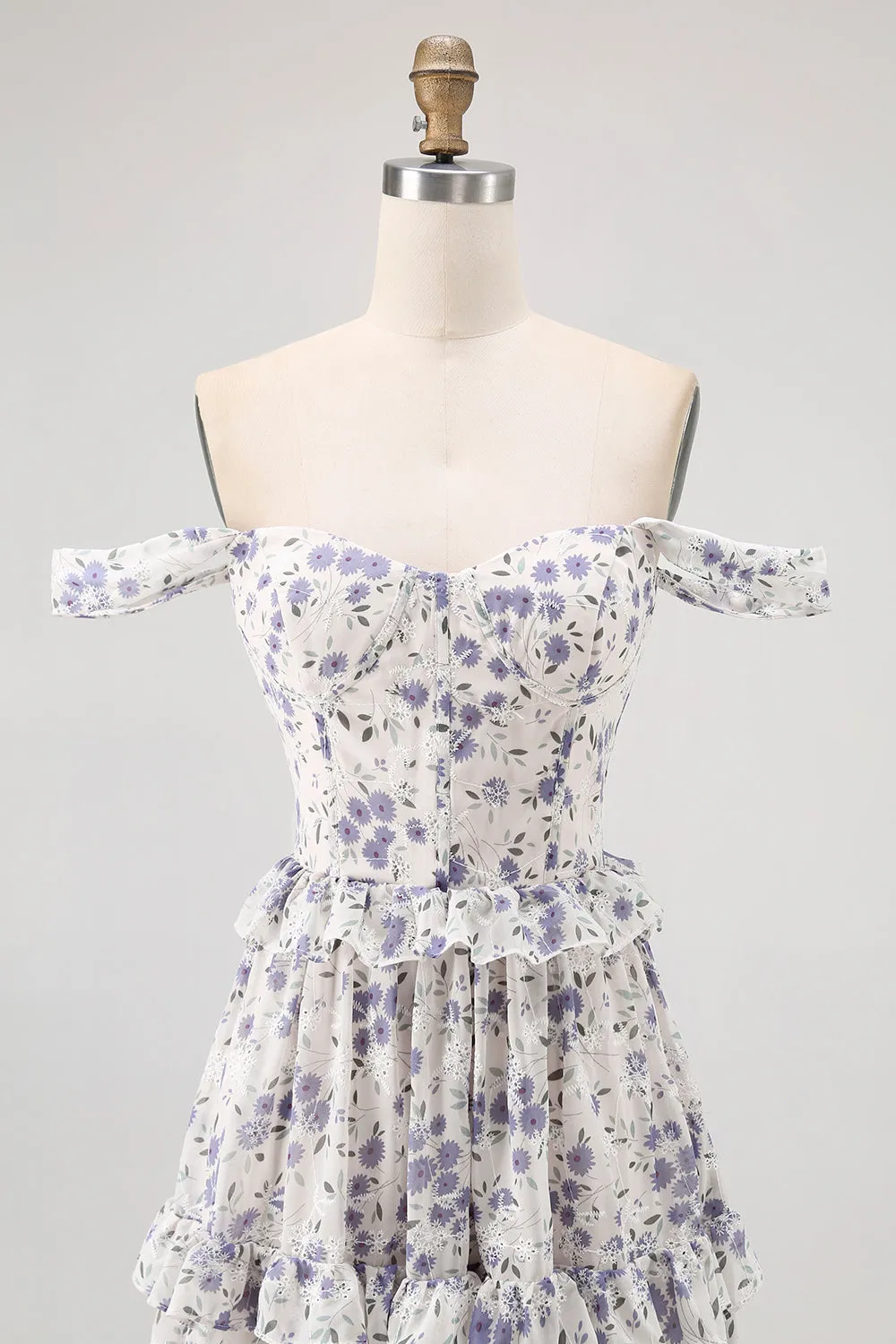 Purple Floral Off The Shoulder A Line Bridesmaid Dress with Lace Up Back sold by Zapaka product image thumbnail 4
