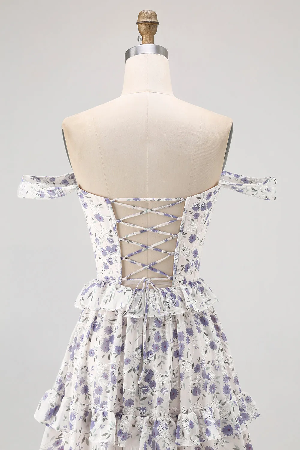 Purple Floral Off The Shoulder A Line Bridesmaid Dress with Lace Up Back sold by Zapaka product image thumbnail 5