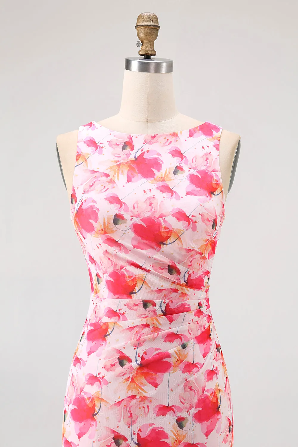 Pink Floral Sheath Boat Neck Print Long Bridesmaid Dress sold by Zapaka product image thumbnail 4