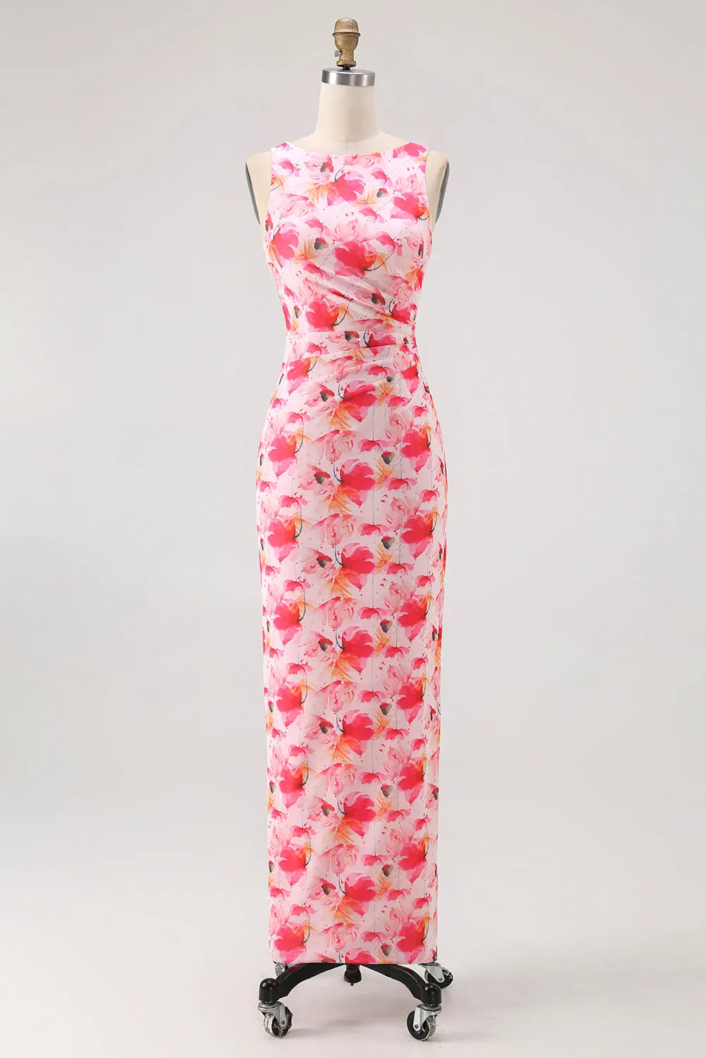 Pink Floral Sheath Boat Neck Print Long Bridesmaid Dress sold by Zapaka