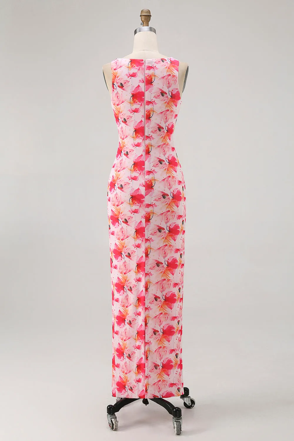 Pink Floral Sheath Boat Neck Print Long Bridesmaid Dress sold by Zapaka product image thumbnail 2