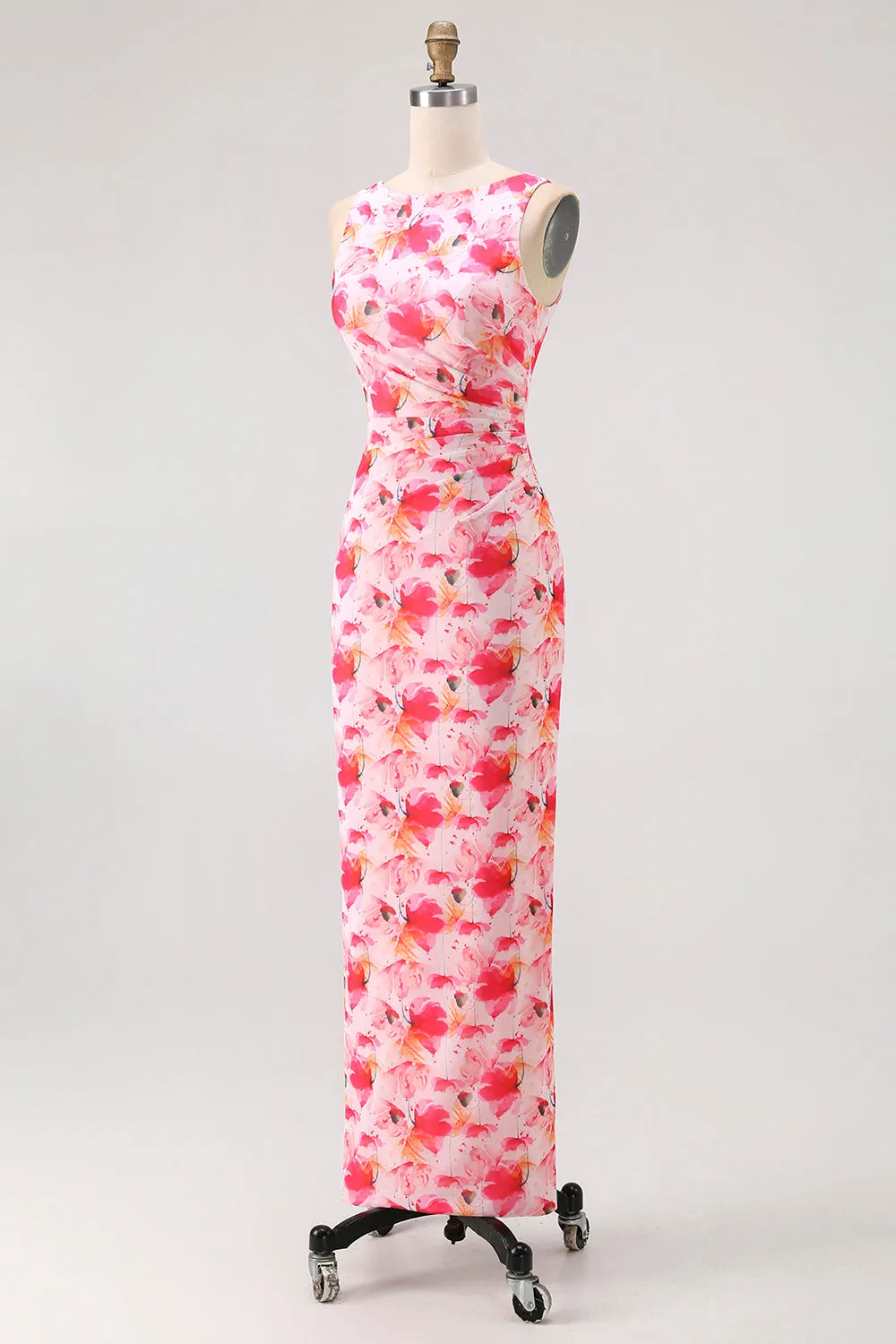 Pink Floral Sheath Boat Neck Print Long Bridesmaid Dress sold by Zapaka product image thumbnail 3