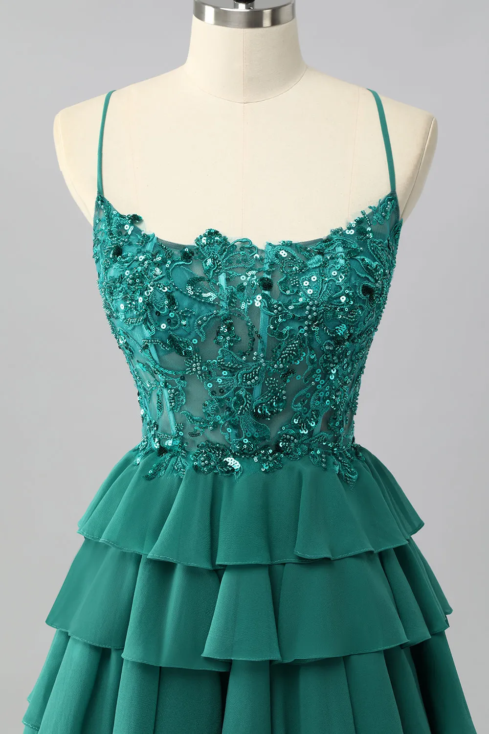 Dark Green A Line Sequins Tiered Homecoming Dress with Appliques sold by Zapaka product image thumbnail 4