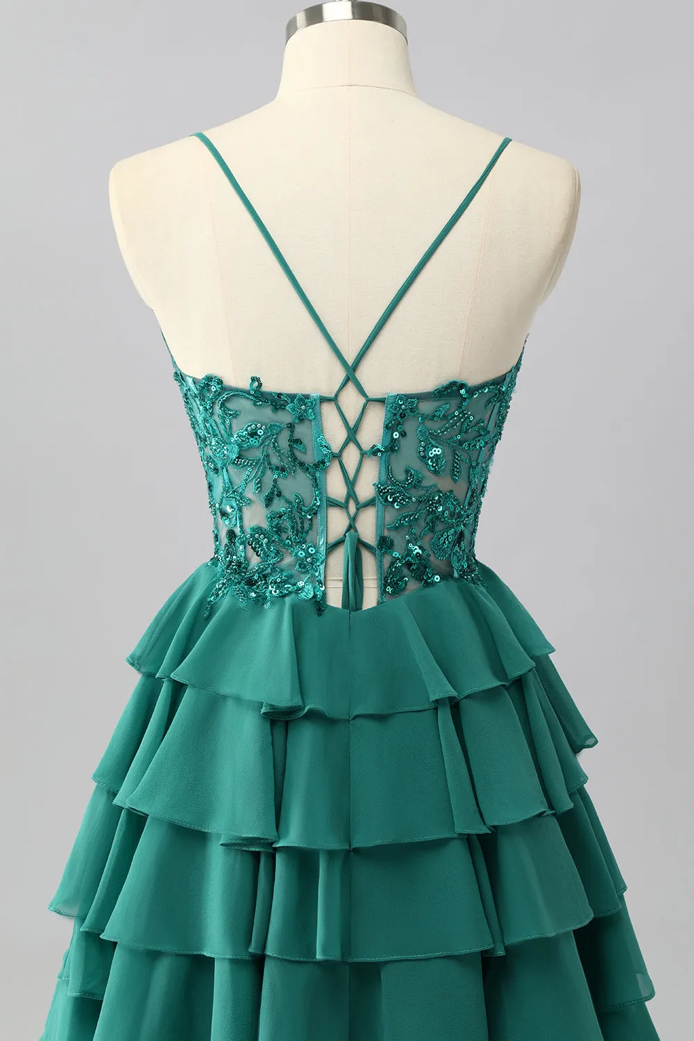 Dark Green A Line Sequins Tiered Homecoming Dress with Appliques sold by Zapaka product image thumbnail 5