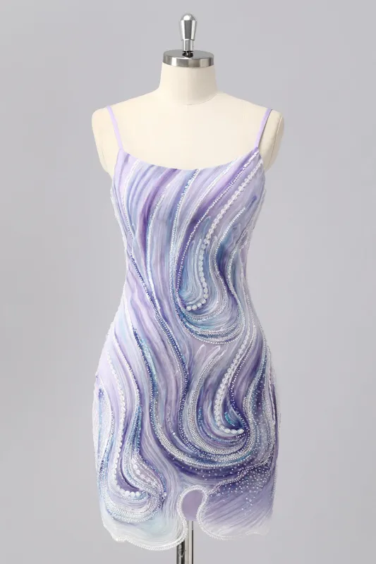 Sparkly Lilac Bodycon Beaded Homecoming Dress with Sequins sold by Zapaka